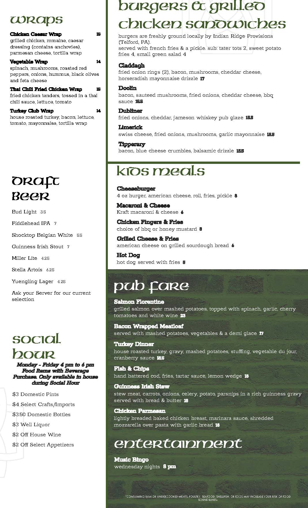 A menu for a restaurant with a green background.