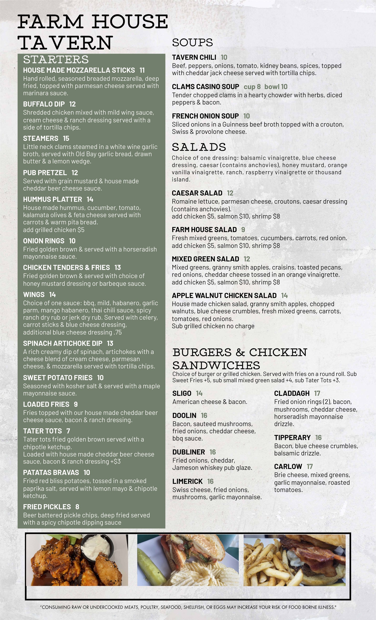 A restaurant menu titled "Farm House Tavern" featuring sections for starters, soups, salads, burgers, sandwiches, and chicken dishes. Each dish includes a description and price.
