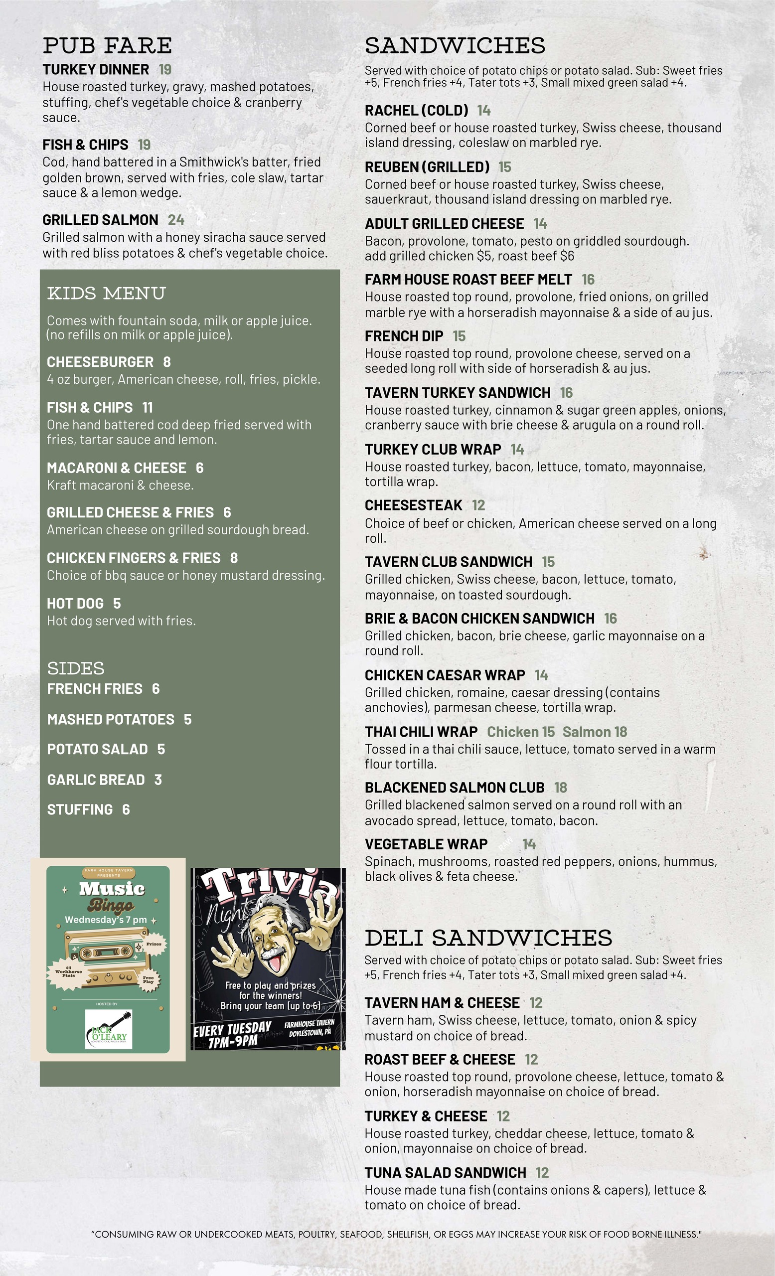 A detailed menu featuring "Pub Fare," "Sandwiches," "Kids Menu," "Sides," and "Deli Sandwiches" sections. Items include turkey dinner, fish & chips, cheeseburger, various sandwiches, and soups.