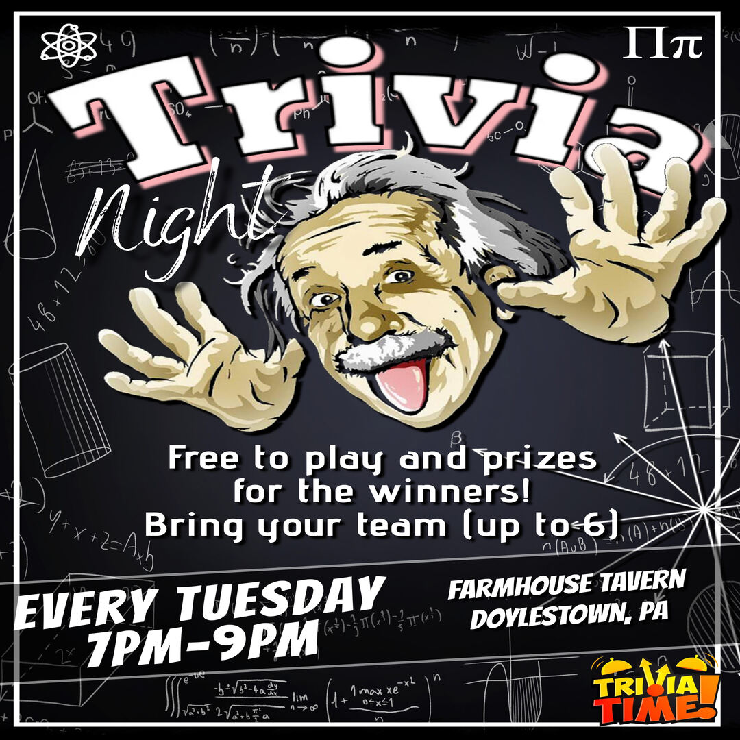 Promotional poster for trivia night featuring animated host, with event details and prizes at farmhouse tavern in doylestown, pa.