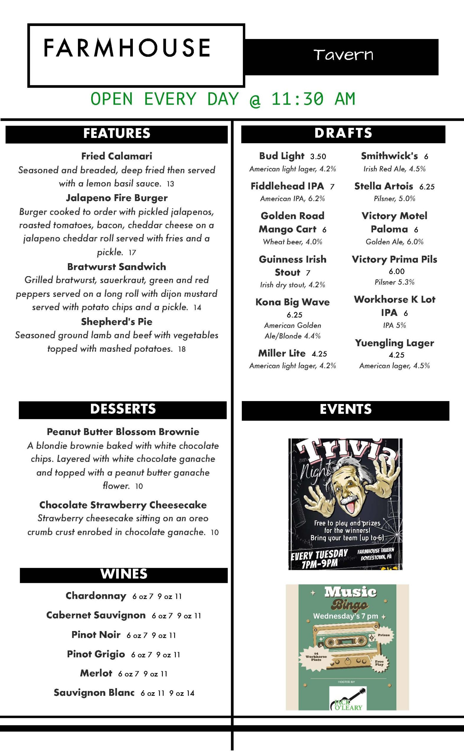 Menu board for farmhouse tavern showing daily specials, drinks list including beers, wines, and desserts with a modern black and white design.