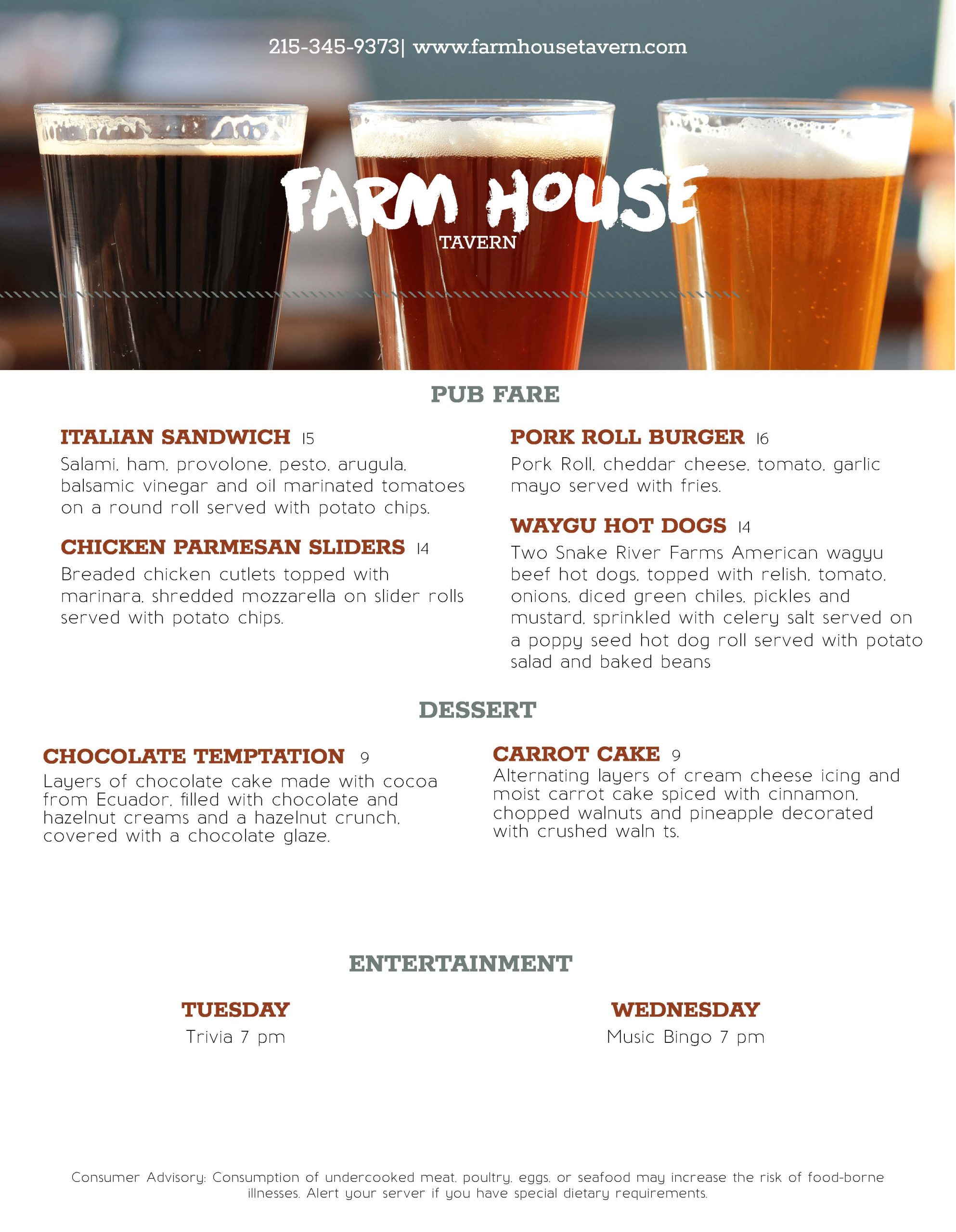 A menu for 'Farm House Tavern' featuring items like Italian Sandwich and Pork Roll Burger under 'Pub Fare', Chocolate Temptation and Carrot Cake under 'Dessert', with weekly entertainment listed.